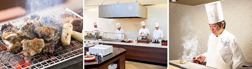 左から宮崎地鶏炭火焼き・ライブクッキングのキッチンに並ぶシェフ・鉄板の上で肉を切る画像